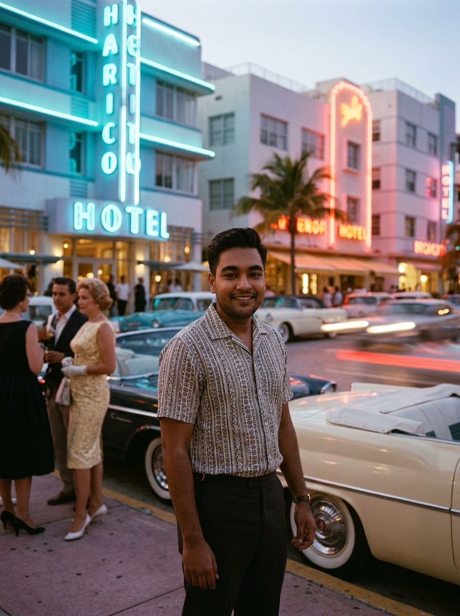 You in 1960s Miami Beach AI photo prompt preview