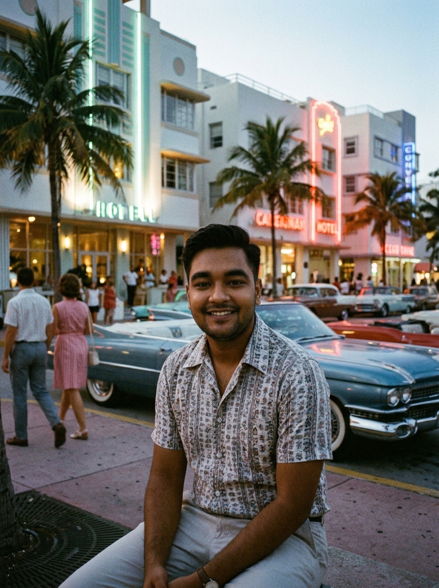 You in 1970s Miami Beach AI photo prompt preview