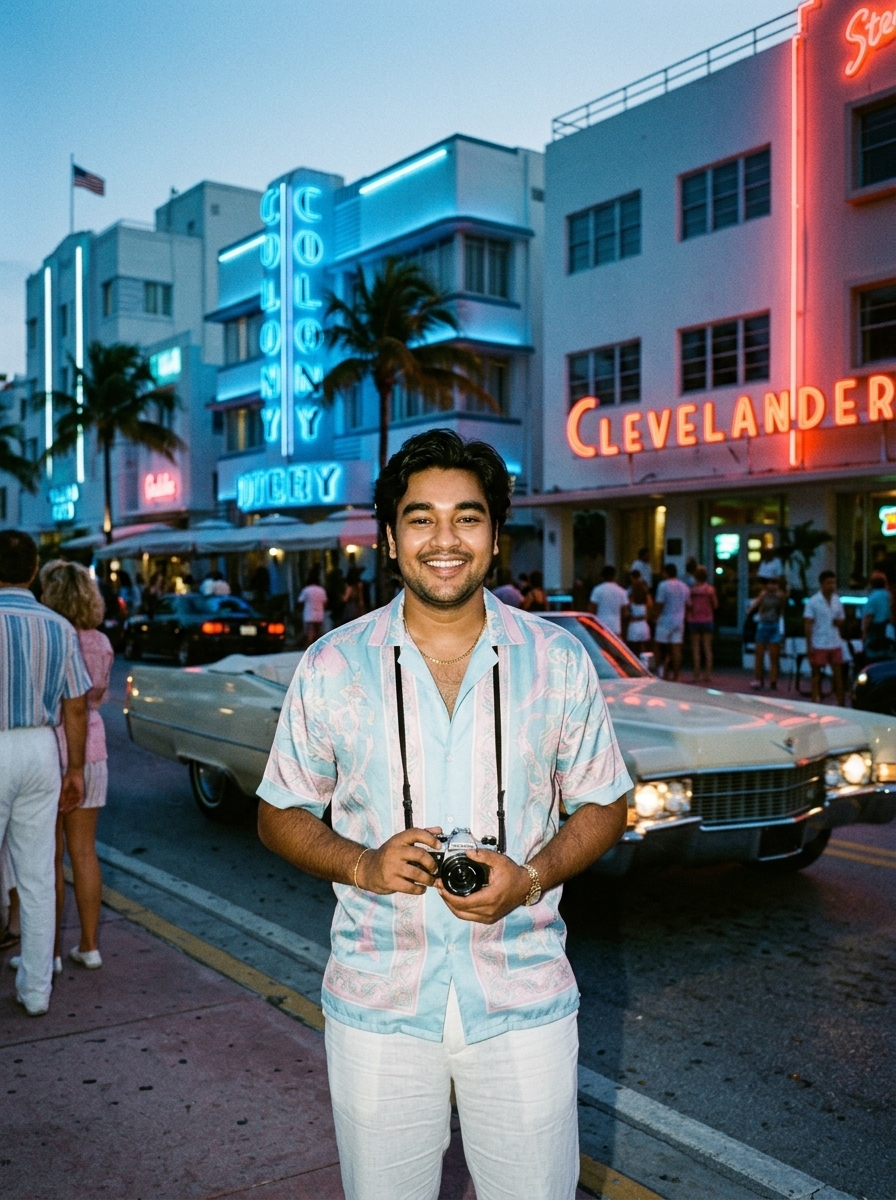 You in 1980s Miami Beach AI photo prompt preview